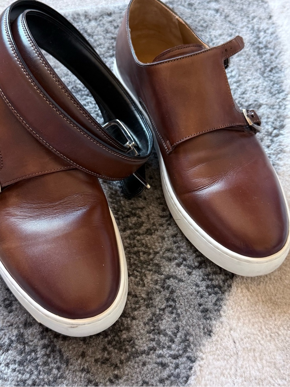 Magnanni Cognac Brown Hand Painted Leather Monk Strap Sneakers Men’s 10 w/ Belt